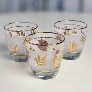 3 Vintage Libby Frosted Gold Leaf glasses/cocktail H- 3 3/8”